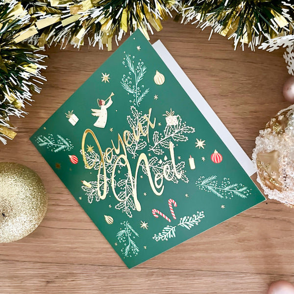 Carte double Joyeux Noël fond vert et dorure